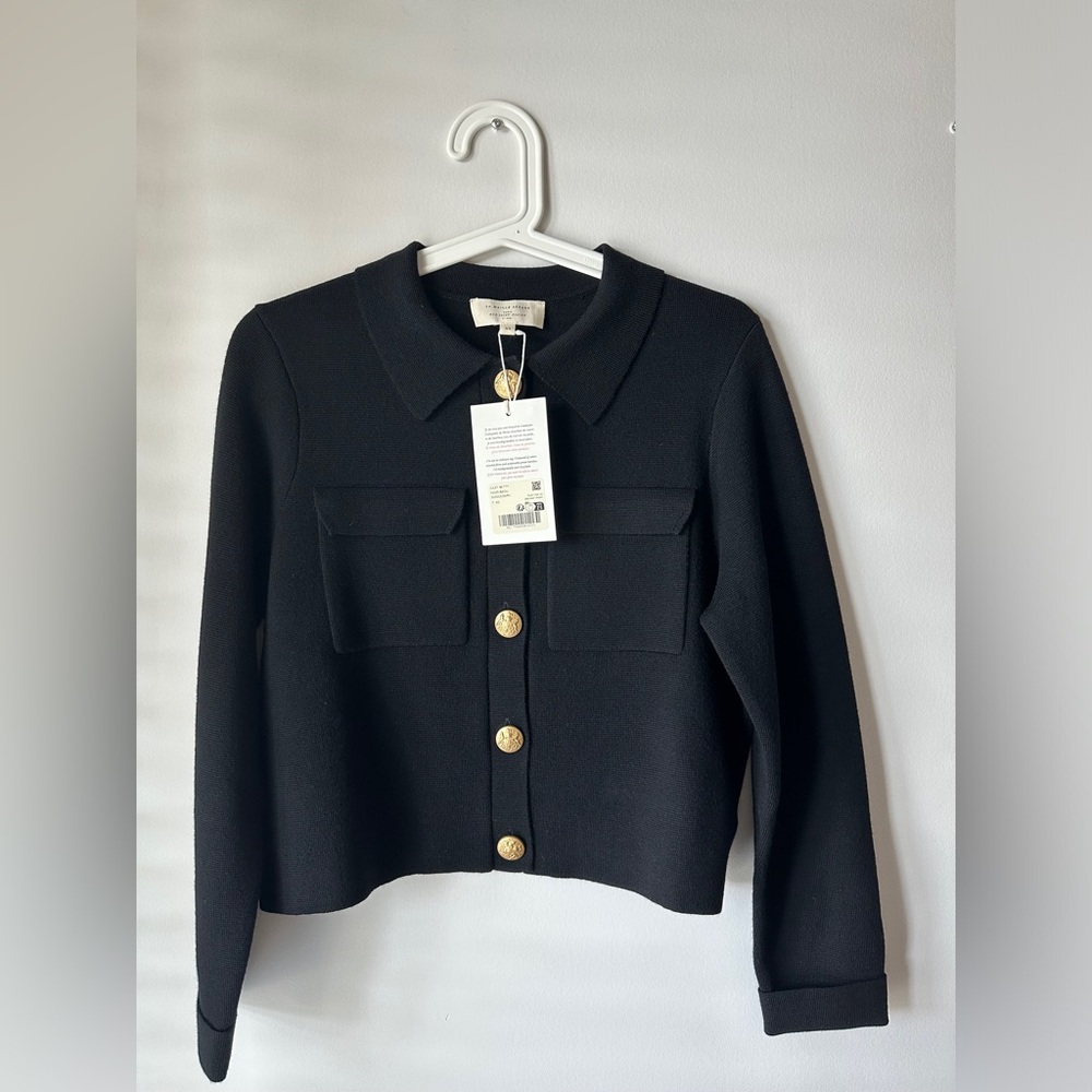 Sezane Black Cardigan with Gold Buttons
